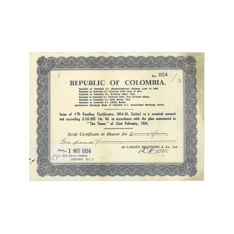 Republic of Colombia - Issue of 4% Funding Certificat 1934/46