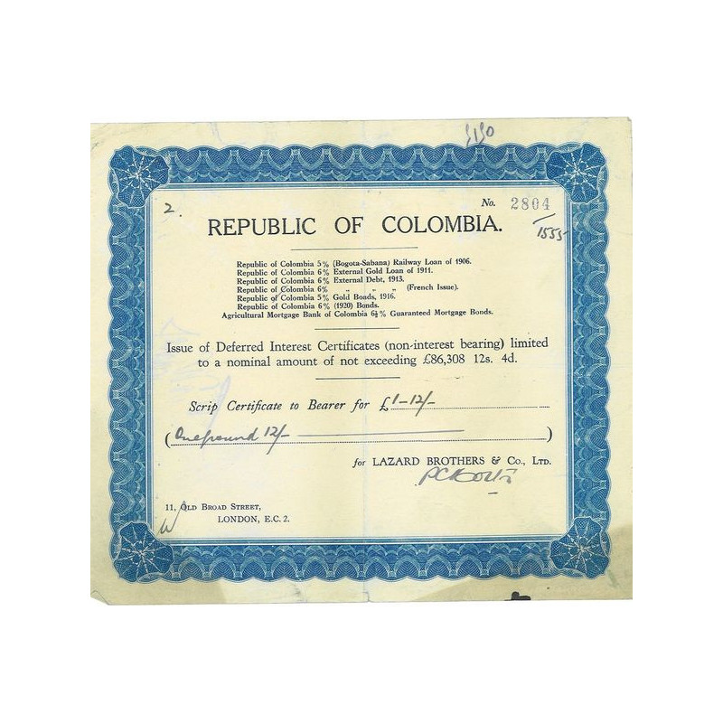 Republic of Colombia - Issue of Deferred Interests Certificates