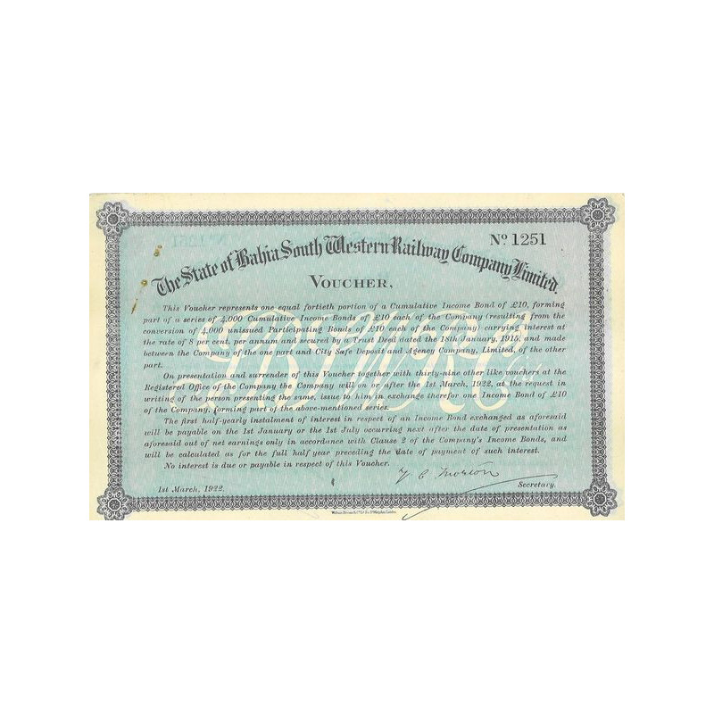 The State of Bahia South Western Railway Cy Ltd - Voucher - 1922