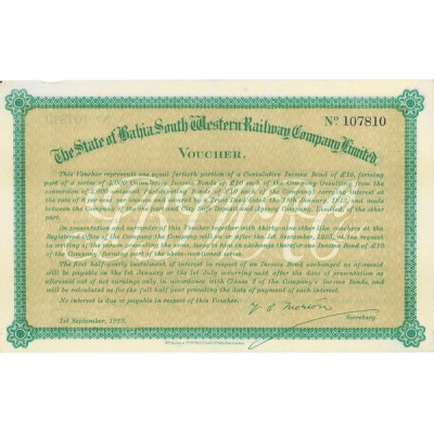 The State of Bahia South Western Railway Cy Ltd - Voucher - 1923