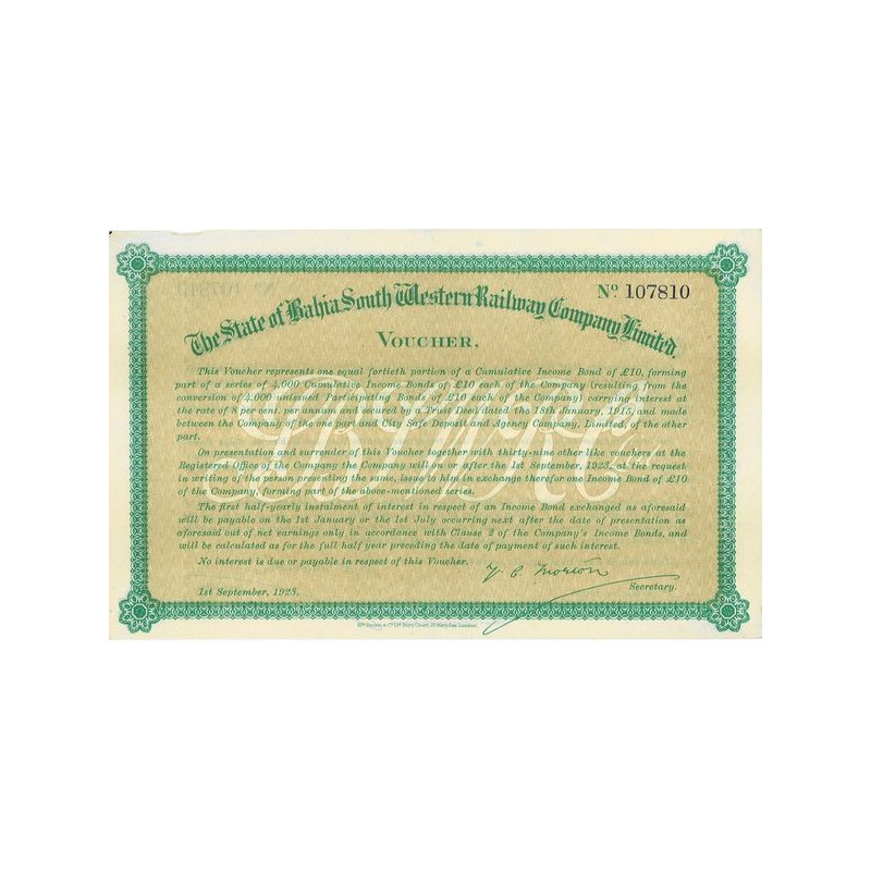 The State of Bahia South Western Railway Cy Ltd - Voucher - 1923