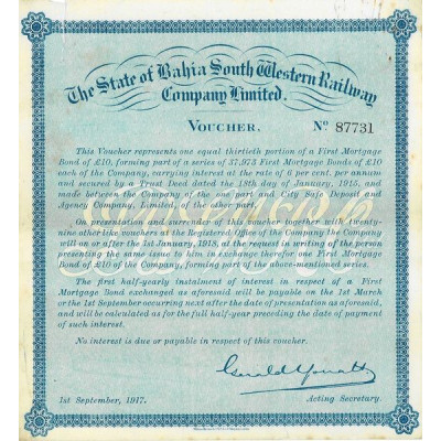 The State of Bahia South Western Railway Cy Ltd - Voucher - 1917