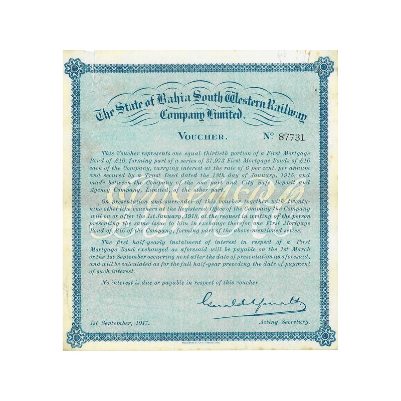 The State of Bahia South Western Railway Cy Ltd - Voucher - 1917