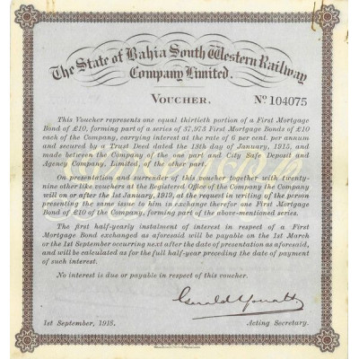 The State of Bahia South Western Railway Cy Ltd - Voucher - 1918