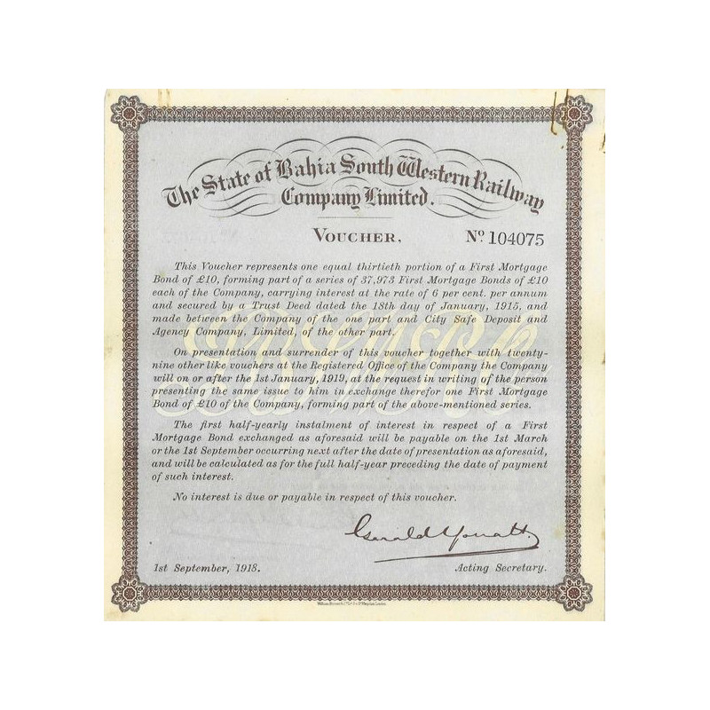 The State of Bahia South Western Railway Cy Ltd - Voucher - 1918