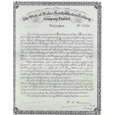The State of Bahia South Western Railway Cy Ltd - Voucher - 1929