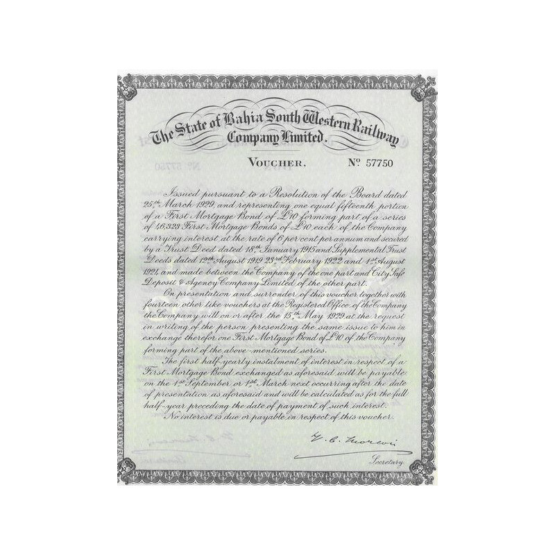 The State of Bahia South Western Railway Cy Ltd - Voucher - 1929