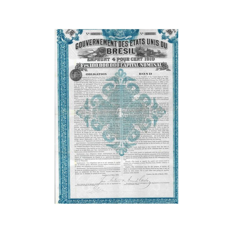 Gvt des Etats-Unis du Brésil - Emprunt à 4 % 1910
