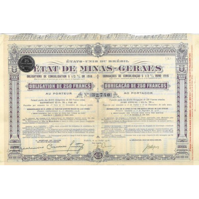 Etat de Minas Geraes - Obligations de Consolidation 5 1/2 % Or 1916