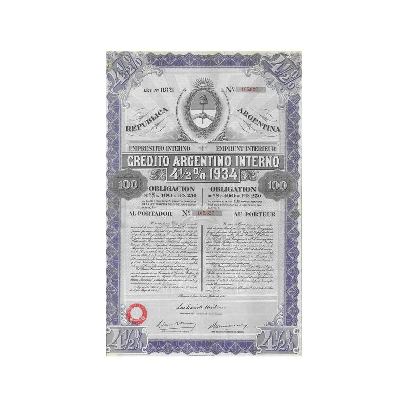 Credito Argentino Interno 4 1/2 % 1934 (Obl 100 $ Mex)