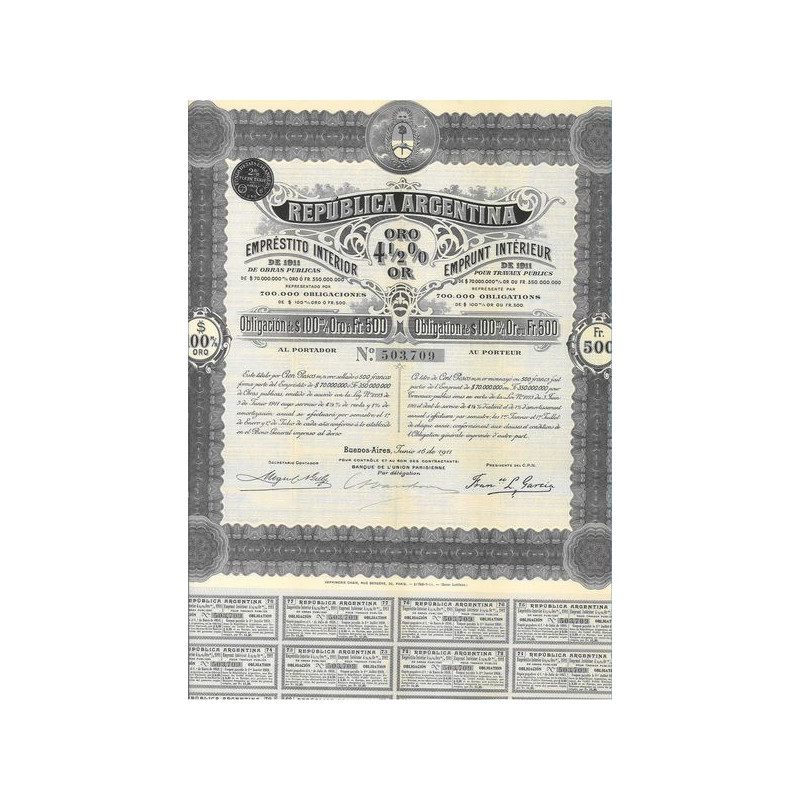 Republica Argentina - Empréstito Interior de 1911 4 1/2 % Oro
