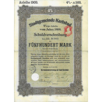 Stadtgemeinde Karlsbad 4% ige Anleihe vom Jahre 1909 (0500 Mark)