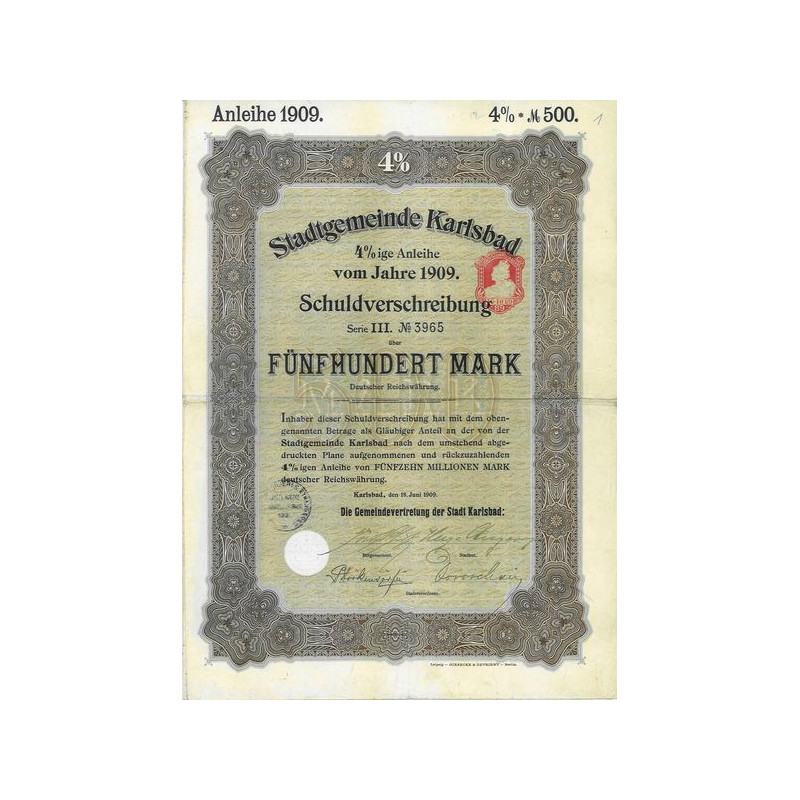 Stadtgemeinde Karlsbad 4% ige Anleihe vom Jahre 1909 (0500 Mark)