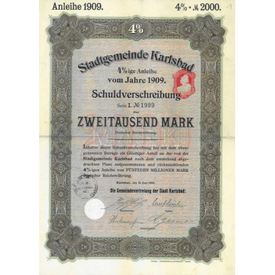 Stadtgemeinde Karlsbad 4% ige Anleihe vom Jahre 1909 (2000 Mark)