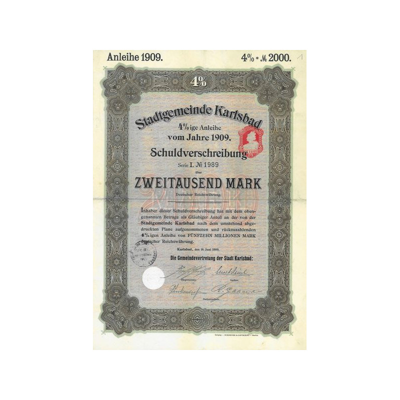 Stadtgemeinde Karlsbad 4% ige Anleihe vom Jahre 1909 (2000 Mark)