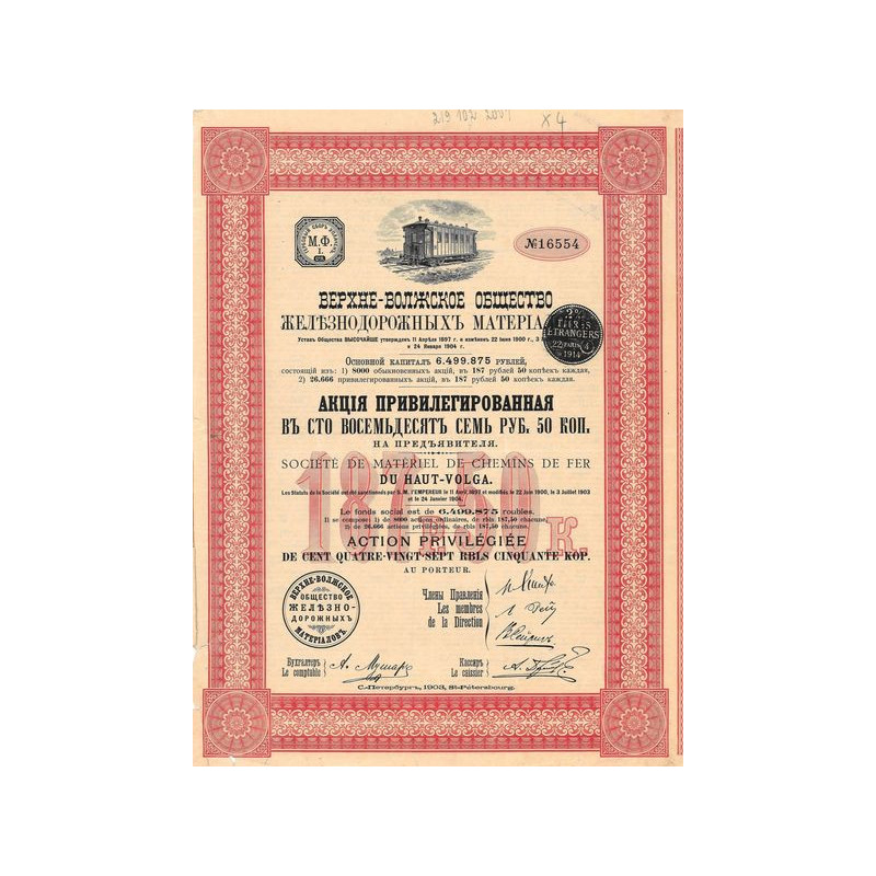 Sté de Matériel de Chemins de Fer du Haut-Volga - Act Privil 187.50 Rbl
