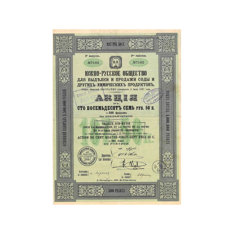 Sté Sud-Russe pour la Fabrication et la Vente de la Soude et d'Autres Produits Chimiques - 1899 - Act 187.50 Rbl