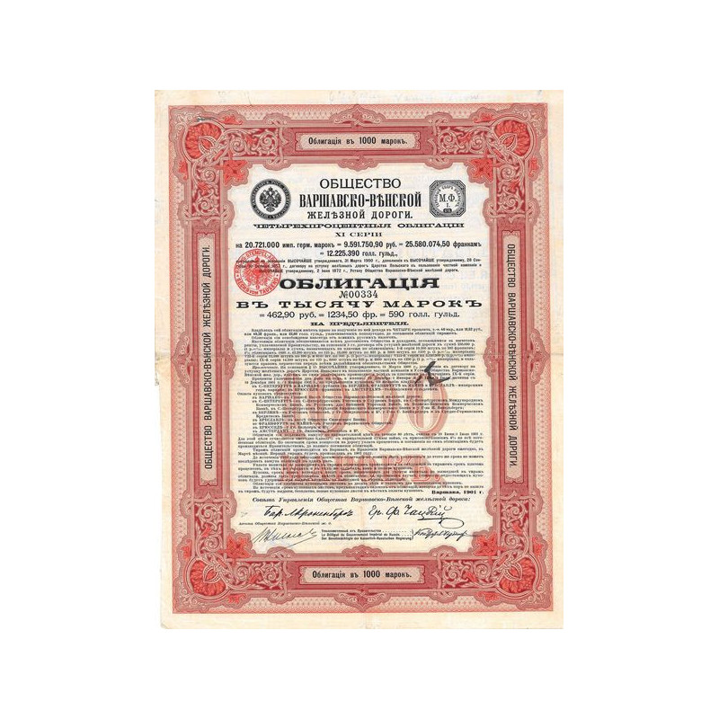 Cie du Chemin de Fer de Varsovie-Vienne - Obl 4 % 1000 Rm - Série 11