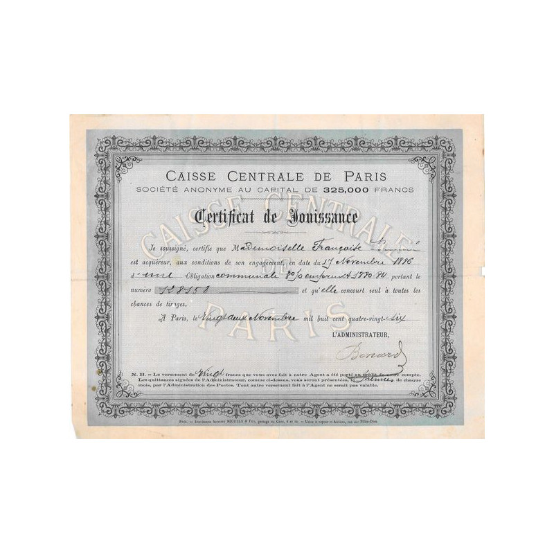 Caisse Centrale de Paris (Certificat de Jouissance)
