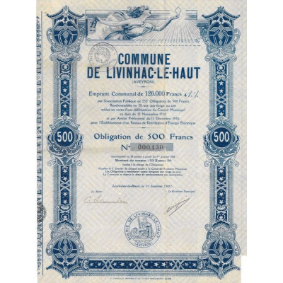 Commune de Livinhac-le-Haut (Aveyron) Emprunt Communal de 126 000 Francs 4 1/2 %