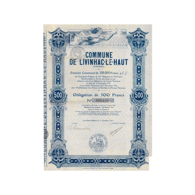 Commune de Livinhac-le-Haut (Aveyron) Emprunt Communal de 126 000 Francs 4 1/2 %
