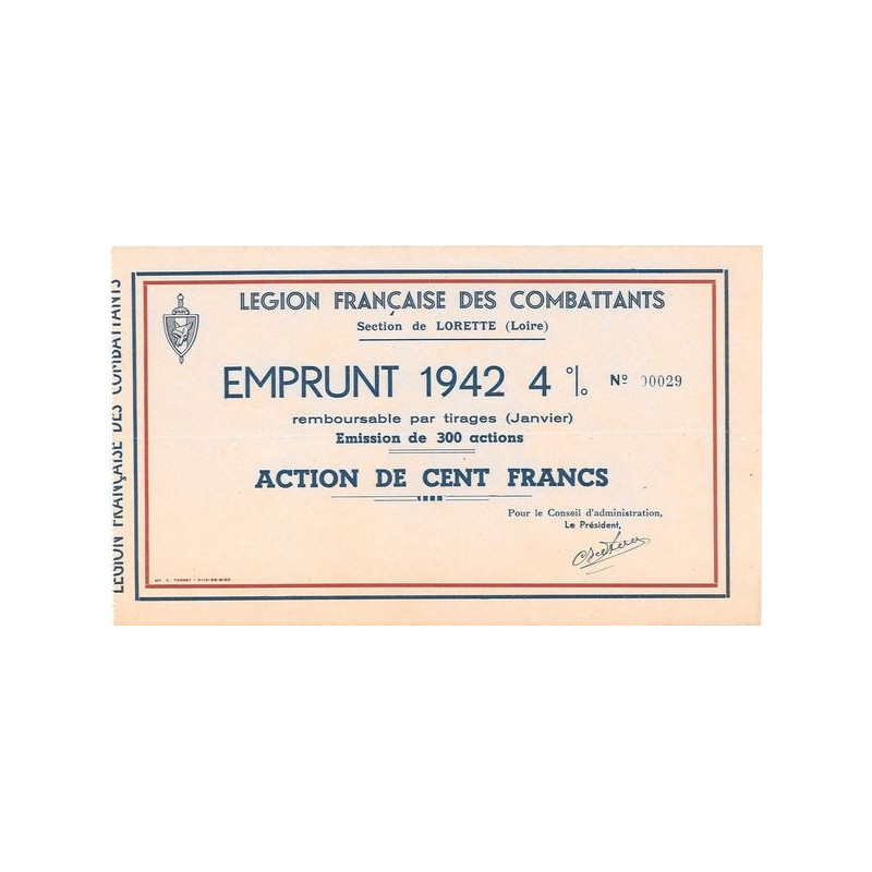 Légion Française des Combattants - Section de Lorette (Loire) - Emprunt 1942 4 %
