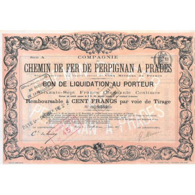 Cie du Chemin de Fer de Perpignan à Prades (Bon de Liquidation)