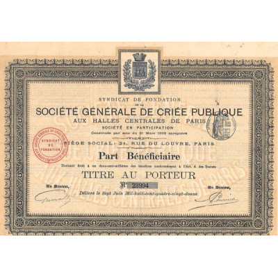 Syndicat de Fondation de la Sté Gale de Criée Publique aux Halles Centrales de Paris