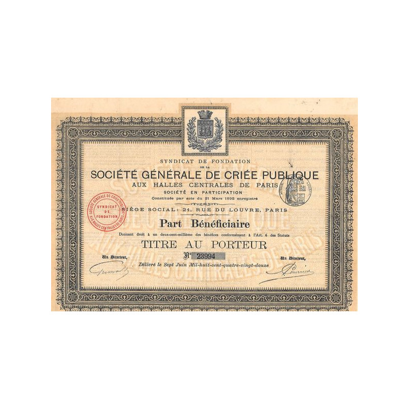 Syndicat de Fondation de la Sté Gale de Criée Publique aux Halles Centrales de Paris