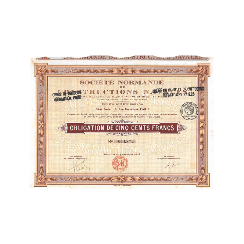 Sté Normande de Constructions Navales (Obl 500 F)