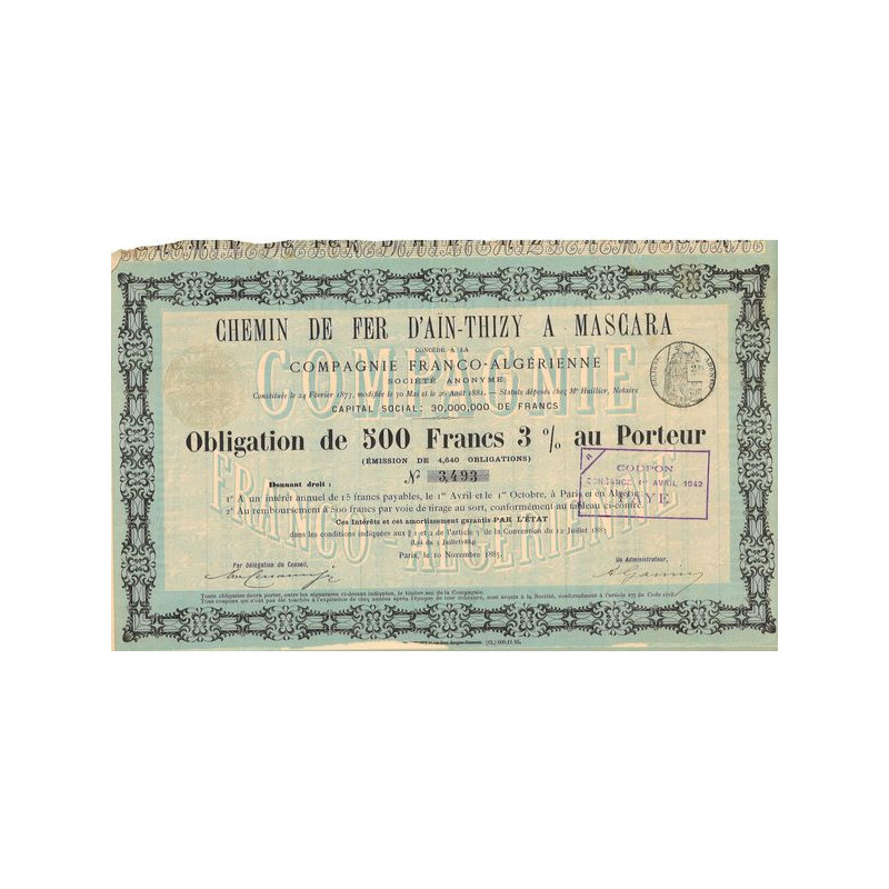 Chemin de Fer d'Aïn-Thizy à Mascara concédé à la Cie Franco-Algérienne