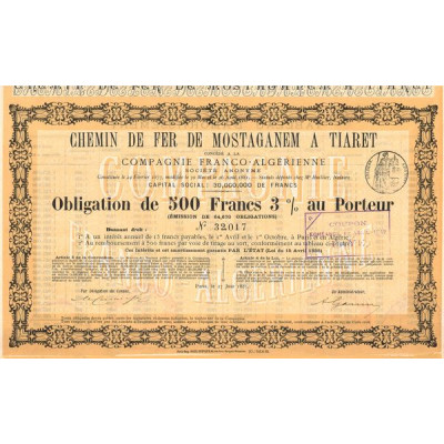 Chemin de Fer de Mostaganem à Tiaret concédé à la Cie Franco-Algérienne
