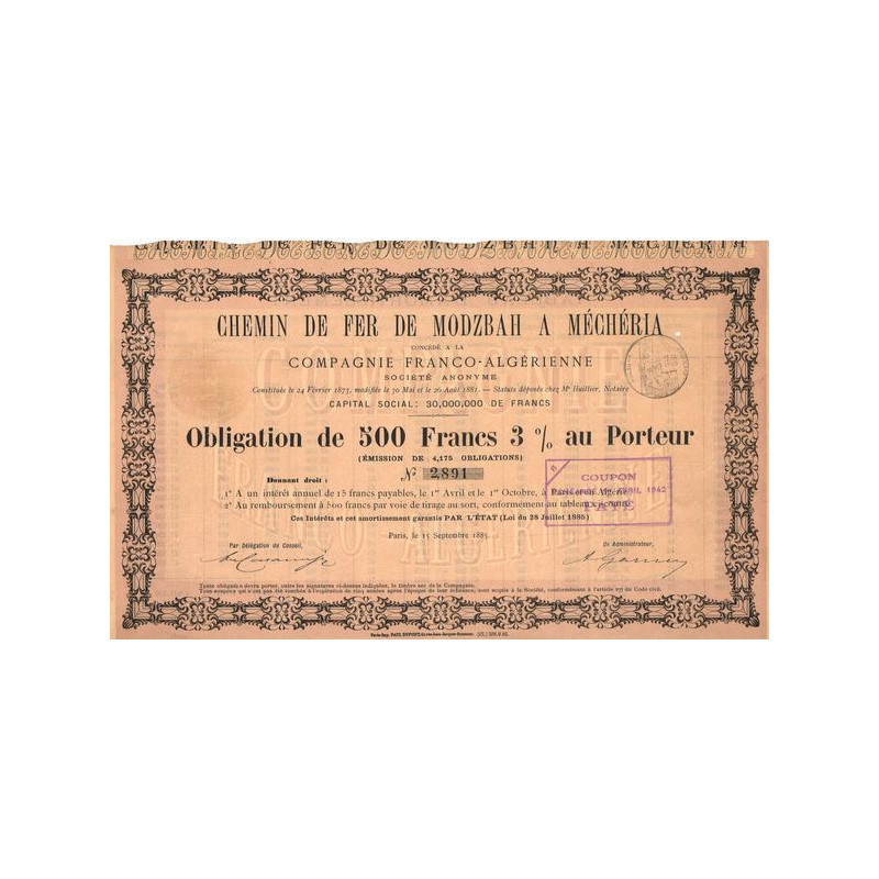 Chemin de Fer de Modzbah à Méchéria concédé à la Cie Franco-Algérienne