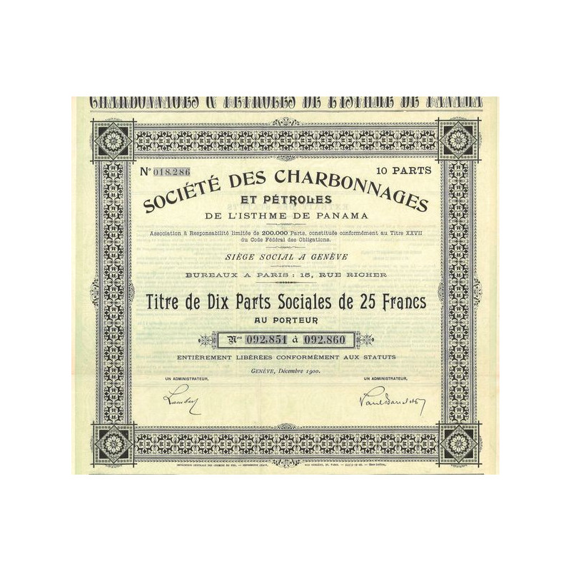Sté des Charbonnages et Pétroles de l'Isthme de Panama (Titre 10 Parts)
