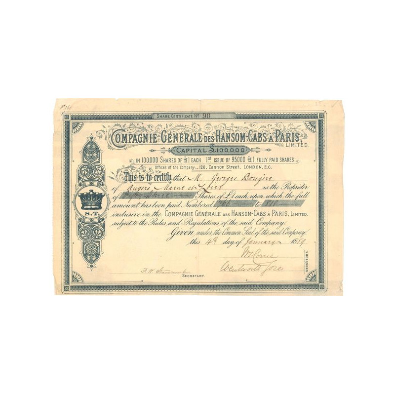 Cie Générale des Hansom Cabs à Paris (nomin)