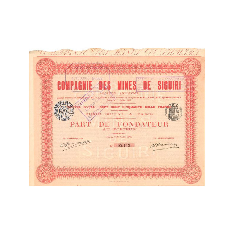 Cie des Mines de Siguiri (Part de Fondateur)