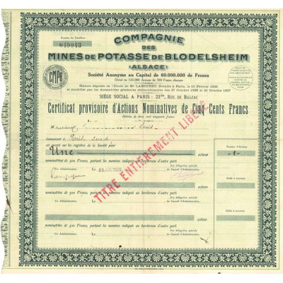Cie des Mines de Potasse de Blodelsheim (Alsace) (Certif Nomin)