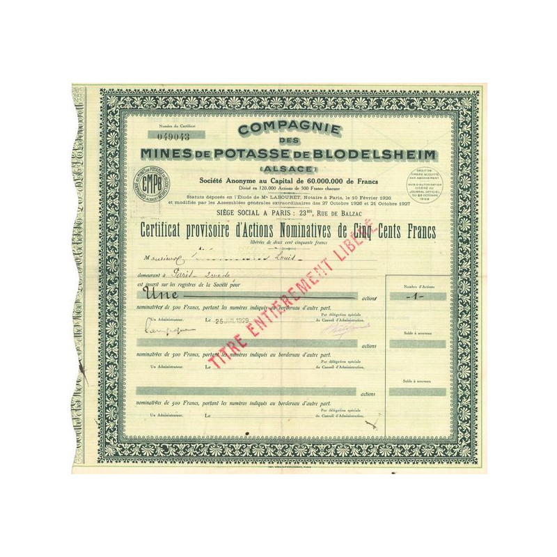 Cie des Mines de Potasse de Blodelsheim (Alsace) (Certif Nomin)