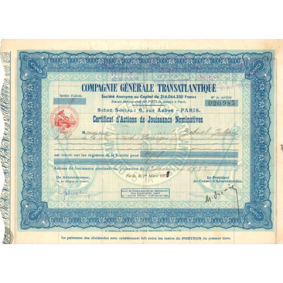 Cie Générale Transatlantique (Certif Act Jouiss Nomin)