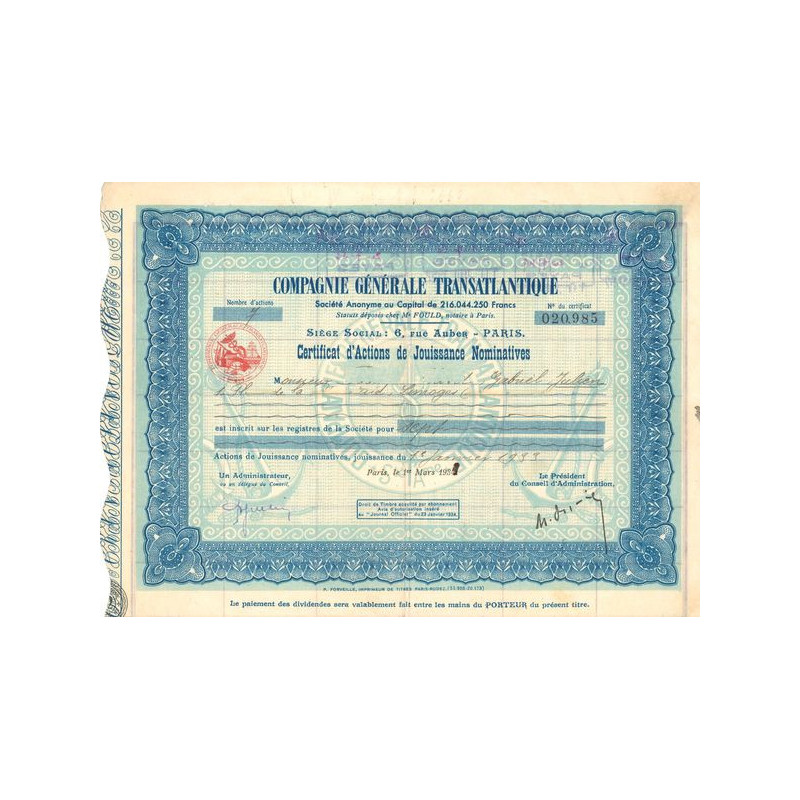 Cie Générale Transatlantique (Certif Act Jouiss Nomin)