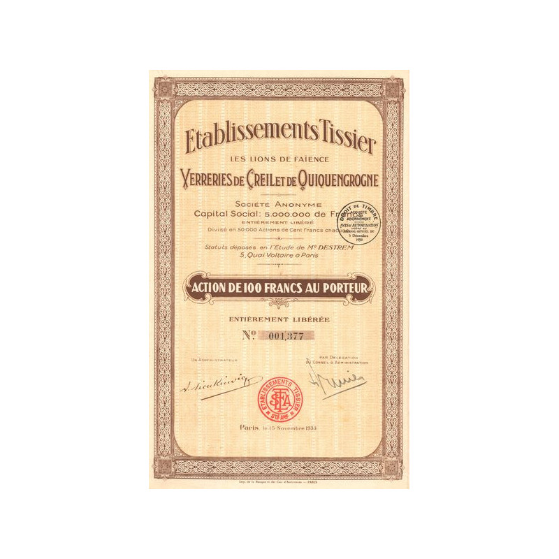 Ets Tissier - Les Lions de Faïence - Verreries de Creil et de Quiquengrogne (Act 100 F)