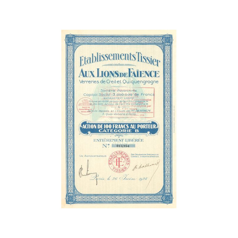 Ets Tissier - Les Lions de Faïence - Verreries de Creil et de Quiquengrogne (Act B 100 F)