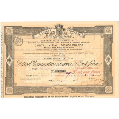 Sté Lyonnaise des Eaux Minérales - Docteur Léon Jacquet & Cie (Act Nom)
