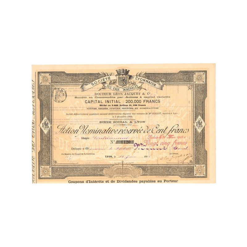 Sté Lyonnaise des Eaux Minérales - Docteur Léon Jacquet & Cie (Act Nom)