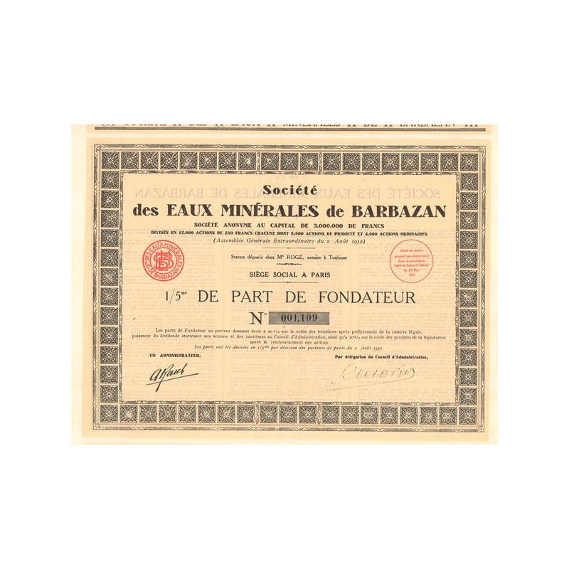 Sté des Eaux Minérales de Barbazan (1/5 ème PF)