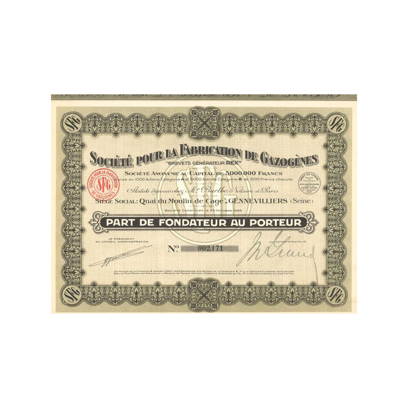 Sté pour la Fabrication de Gazogènes "Brevets Générateur REX"