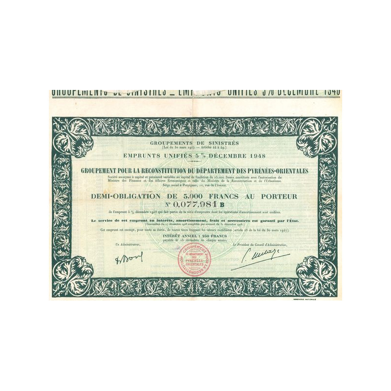Emprunt Unifiés 5 % Décembre 1948 - Groupement pour la Reconstitution du Département des Pyrénées-Orientales (Demi Obl 5000 F)