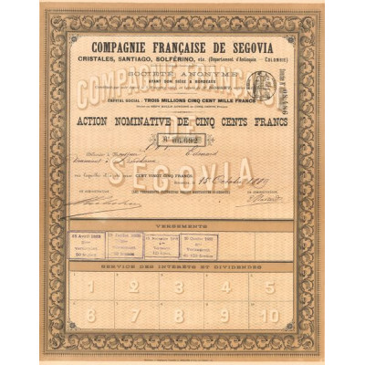 Cie Française de Ségovia Cristales.Santiago.Solférino. Etc. (Département d'Antoquia - Colombie) (Act Nomin 500 F)