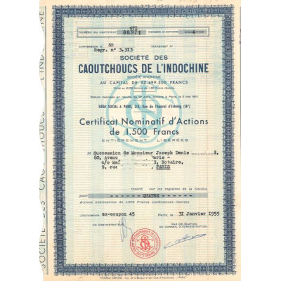 Sté des Caoutchoucs de l'Indochine (Certif Nomin Act 1500 F)