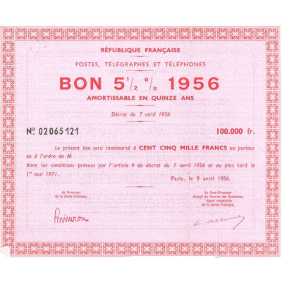 République Française - Postes. Télégraphes et Téléphones - Bon 5 1/2 % 1956